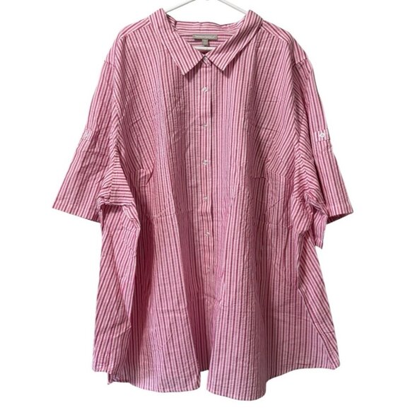 WOMAN WITHIN Pink Plaid Short Sleeve Shirt Size 5X Button‎ Down Cotton 38/40 - Picture 1 of 9